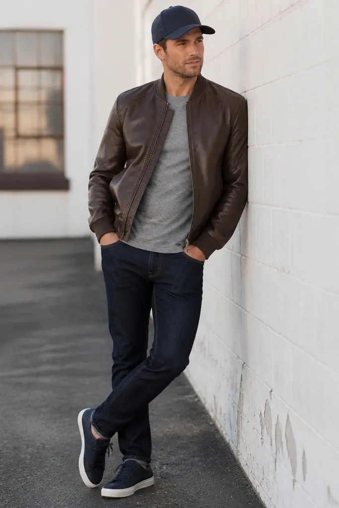 A clean casual photo: brown leather bomber jacket with ribbed cuffs over a heather-gray T-shirt. Navy jeans are visible, with dark sneakers and a simple cap.