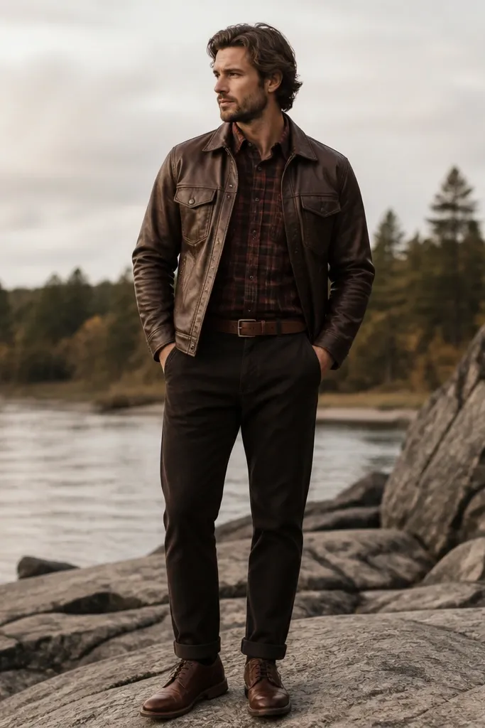 An outdoors look: brown leather jacket layered over a red-and-brown flannel with visible buttons. Dark chinos and brown leather derbies are shown, with a belt matching the shoes.