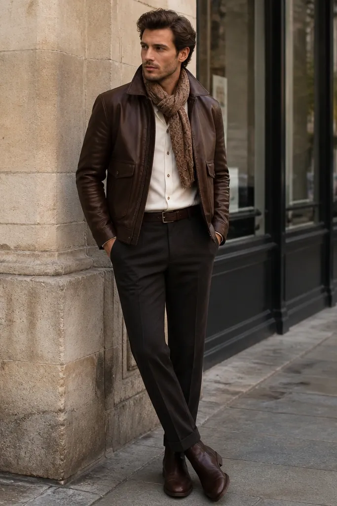 A styled street shot: tobacco-brown leather jacket over an off-white button-down. A camel-brown patterned scarf is wrapped at the neck. The pants are dark trousers and the shoes are brown leather boots.