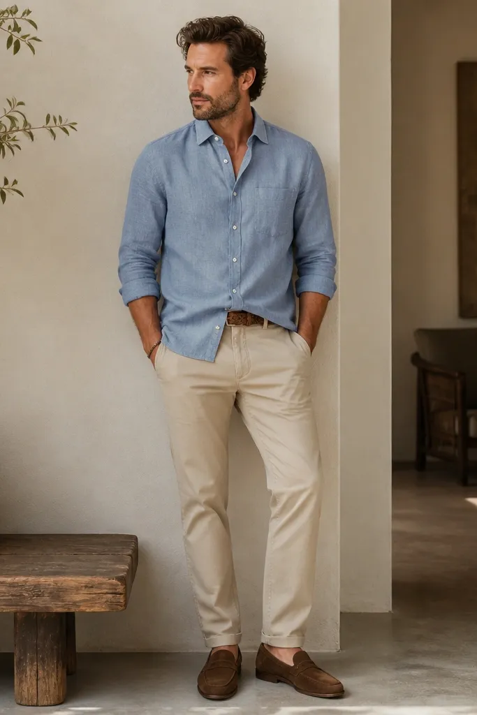 A light blue chambray button-up worn untucked over stone chinos, sleeves rolled to mid-forearm, with brown suede loafers. The image includes a woven belt and a minimal bracelet.