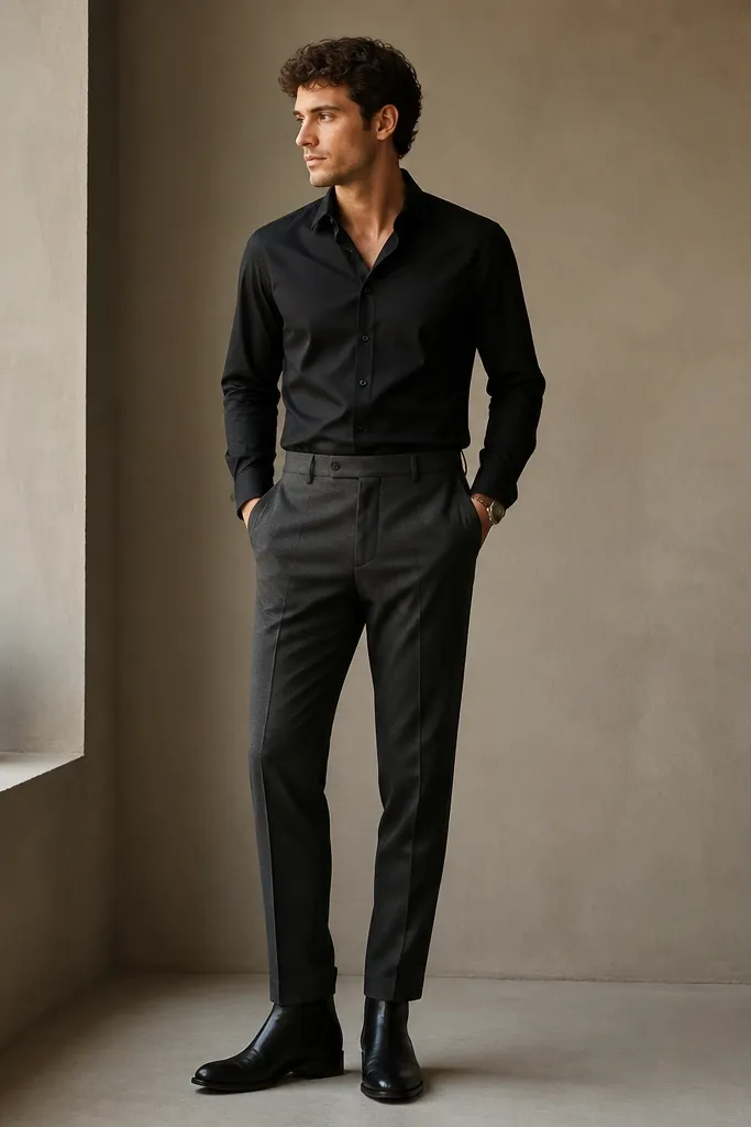 A black button-up with a slightly fitted shape tucked into charcoal trousers, paired with black Chelsea boots. The photo shows a clean, sharp collar and a minimal chain or watch at the wrist.