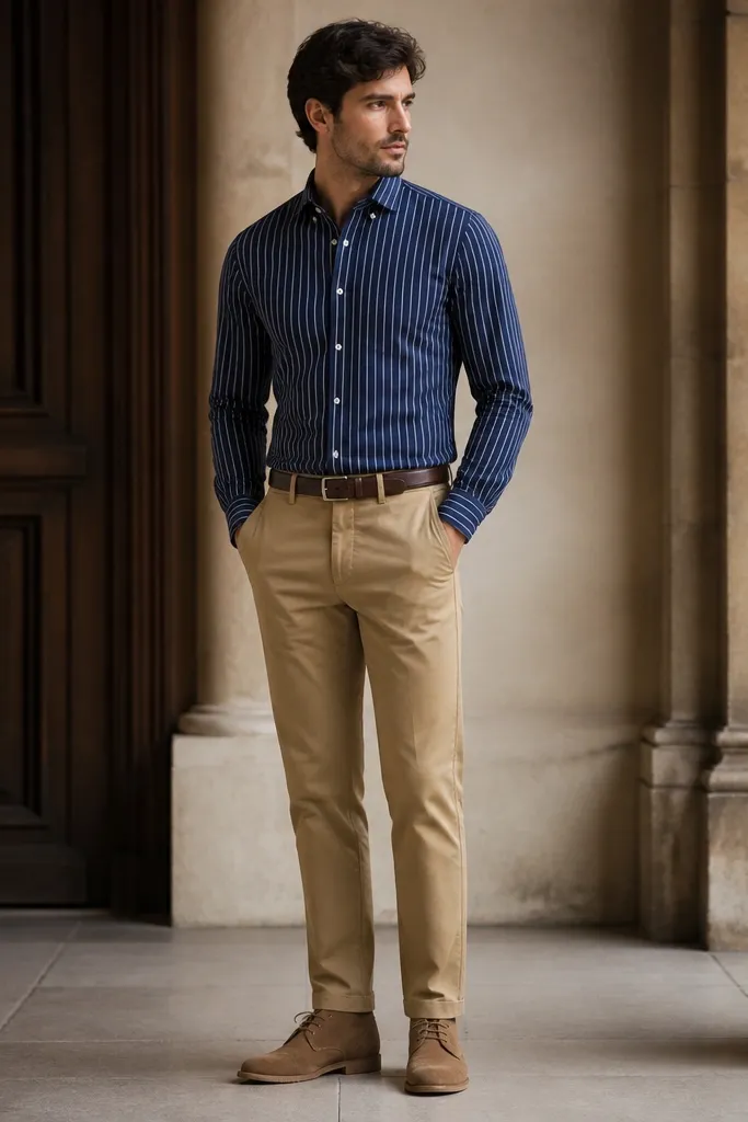 A navy striped button-up tucked into tan chinos with a visible belt, paired with suede desert boots. The image shows the stripes aligned and the shirt hem sitting cleanly at the waistband.