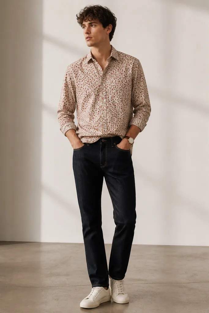 A small-scale floral patterned button-up worn half-tucked into dark straight-leg jeans, with minimal white/cream sneakers. The photo shows a simple watch and no extra layers.