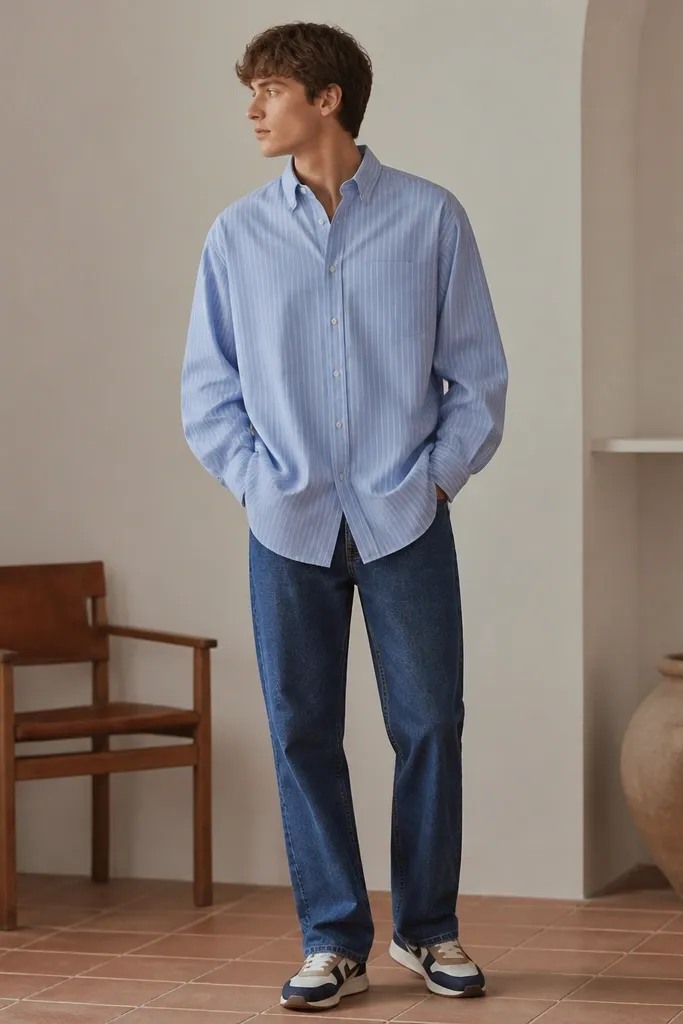 A boxy oversized button-up worn untucked over straight-leg jeans, with sleeves dropped naturally and retro-style trainers with contrasting panels. The image shows a slightly longer hem and a relaxed posture.
