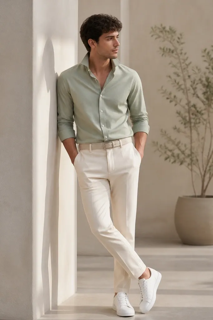 A sage green button-up tucked into ecru chinos with a light belt, paired with clean white sneakers. The image shows the collar popped naturally and the fabric has a smooth, matte finish.
