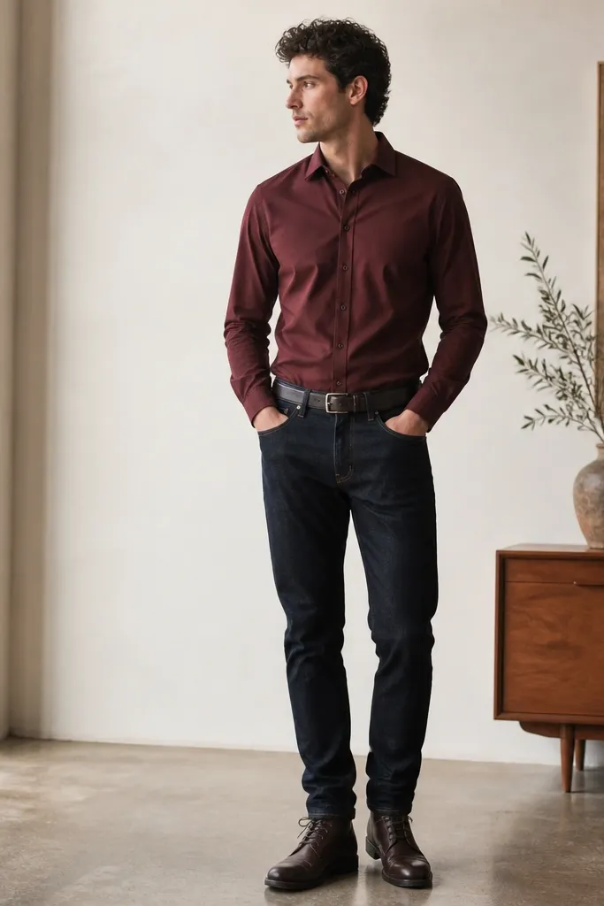 A burgundy button-up tucked into dark wash jeans with a belt, paired with dark brown lace-up boots. The photo shows the shirt collar crisp and the hemline clean.