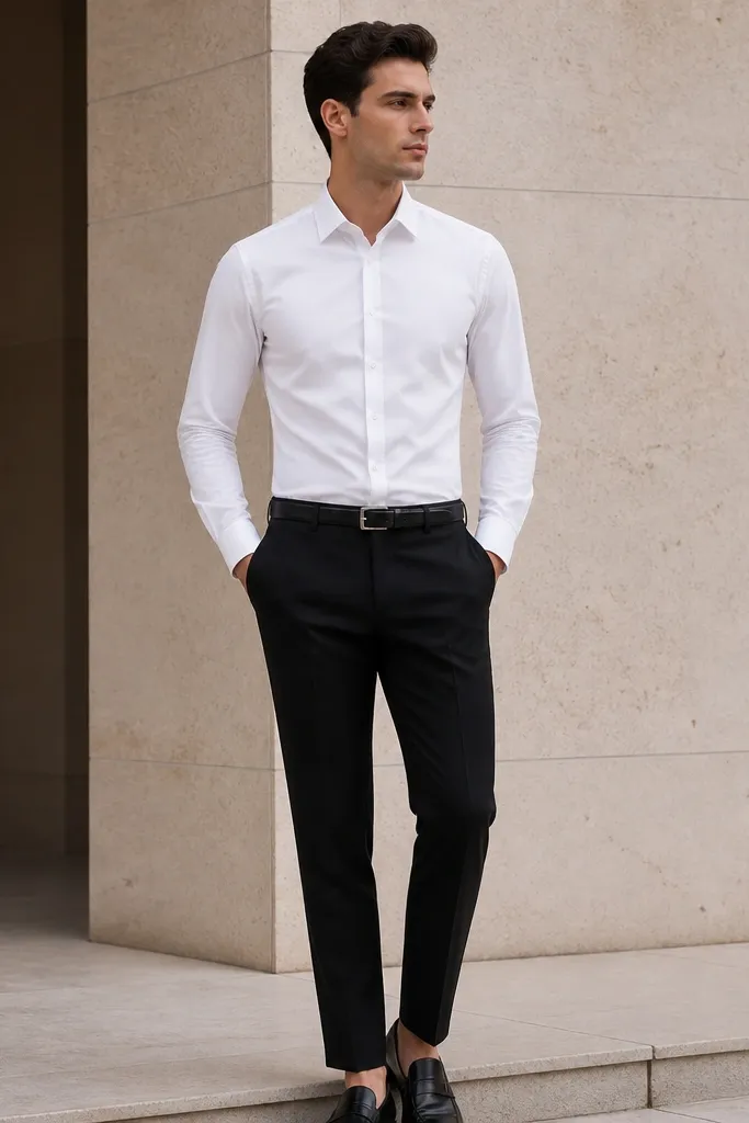 A white button-up fully tucked into black trousers, worn with minimal loafers and a slim belt. The photo focuses on a sharp collar and smooth fabric with no bunching at the waist.