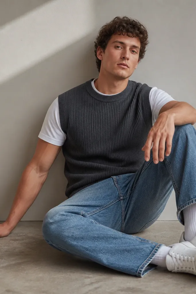 A fitted white crewneck tee under a charcoal ribbed crewneck sweater vest. The ribbing is visible in vertical lines. The wearer pairs it with medium-wash jeans and white low-top sneakers.