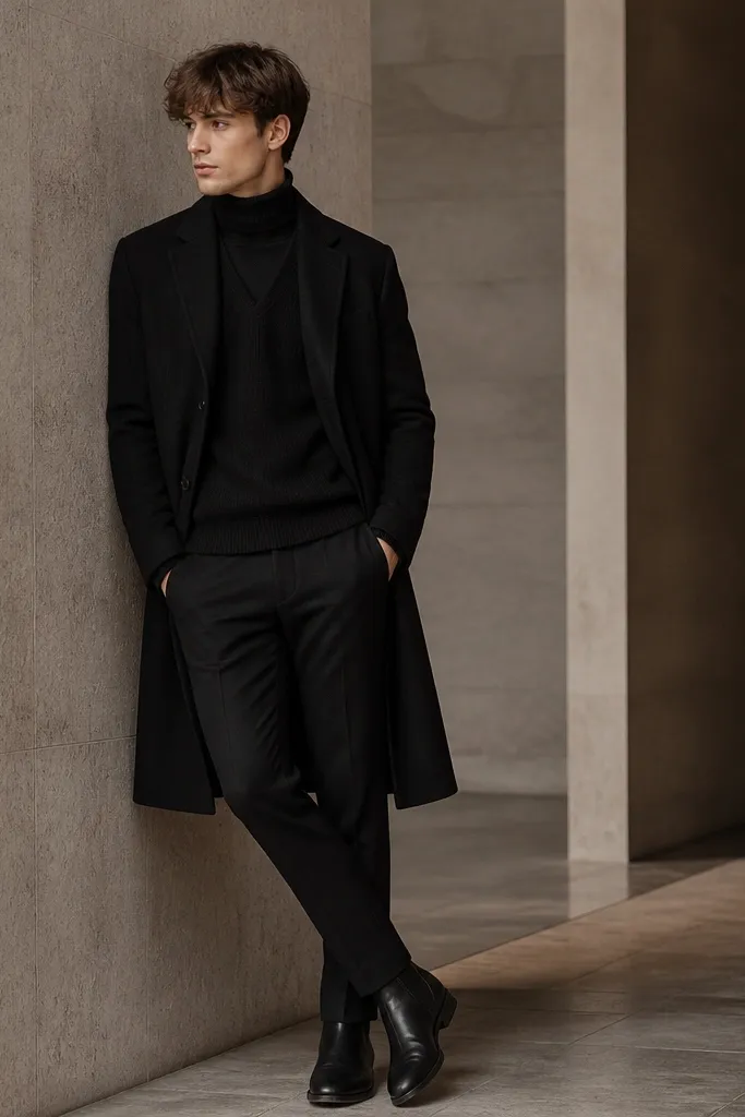 A fitted black turtleneck under a matching black sweater vest. A longline black coat is layered over everything. The look is paired with slim black pants and sleek ankle boots.
