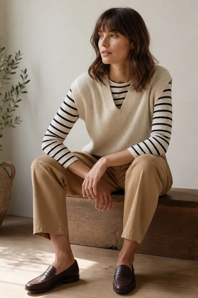 A cream-and-navy striped long-sleeve top under a cream sweater vest. The stripes peek out at the sleeves and neckline. The outfit is styled with tan chinos and loafers.