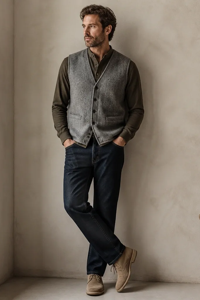 A heather gray faux-wool sweater vest over a dark olive henley with visible buttons. The henley collar sits slightly open. The outfit is paired with dark-wash straight jeans and suede desert boots.