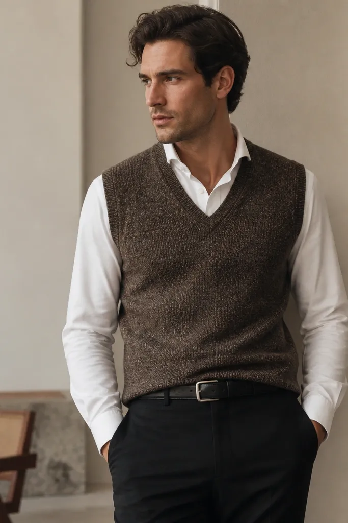 A classic tweed sweater vest in brown and black flecks over a crisp white button-down. The shirt collar is open with no tie. The outfit is paired with black trousers and a structured belt.