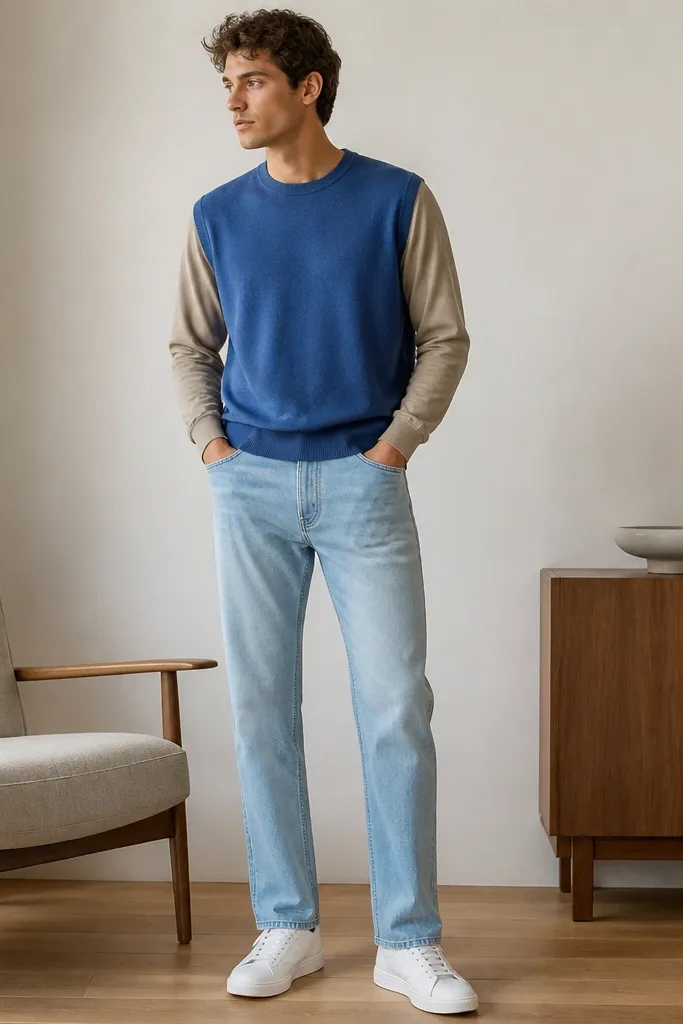 A solid blue sweater vest layered over a tan crewneck long-sleeve. The tan layer shows at the neckline and cuffs. The outfit is paired with light-wash jeans and white sneakers.