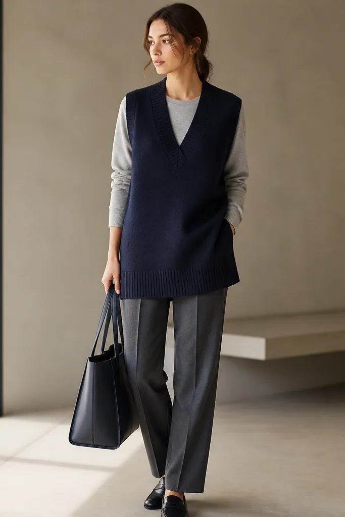 A longline sweater vest in deep navy over a light gray crewneck top. The hem falls near the upper thigh. The wearer pairs it with straight-leg tailored trousers and a structured tote.