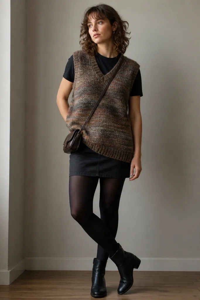 An oversized vintage sweater vest in a muted multicolor knit worn over a fitted black tee. The outfit includes a dark mini skirt and opaque tights. The styling includes a small crossbody bag and ankle boots.