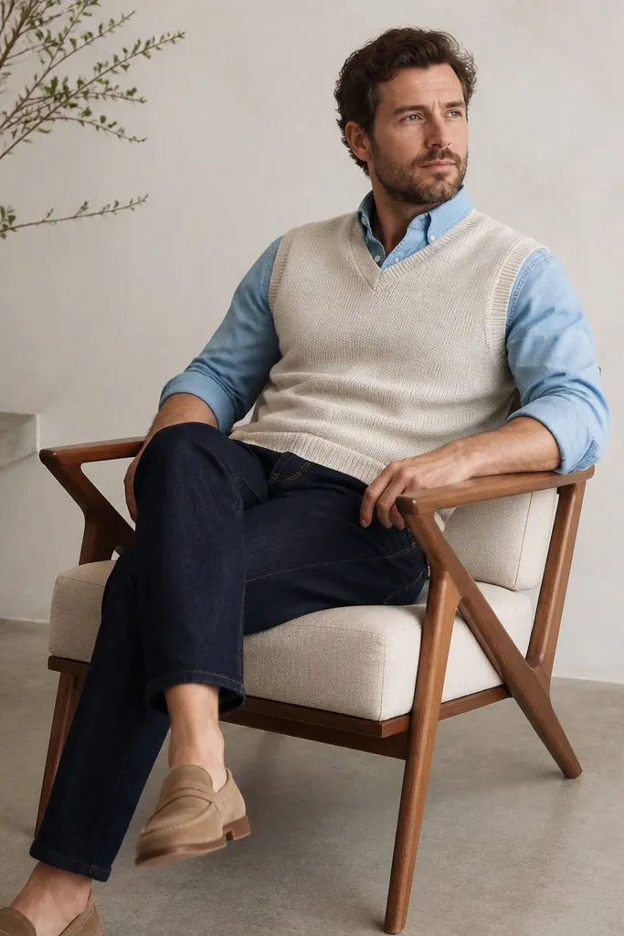 A light wash denim button-up worn under a cream sweater vest. The denim collar is visible and the sleeves are rolled to mid-forearm. The outfit is paired with dark jeans and tan loafers.