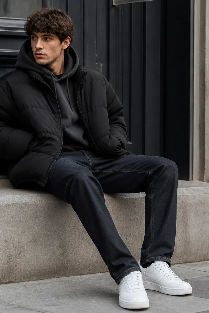 A close-to-mid shot of a man wearing a black puffer jacket layered over a charcoal hoodie. He has straight-leg blue-black jeans and clean white sneakers. The jacket is slightly oversized with a matte finish.