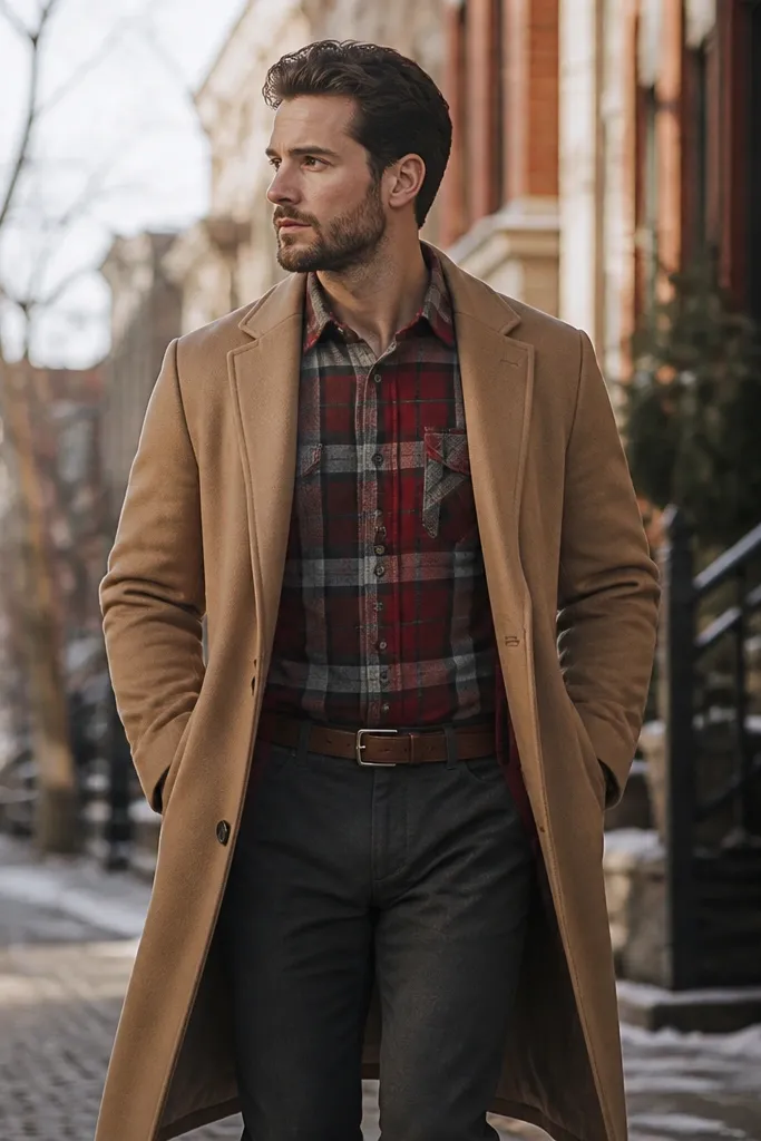 A man wearing a camel overcoat over a red-and-gray plaid flannel. He’s in dark charcoal chinos and a brown belt. The photo shows a street background with winter light and a neat, classic fit.