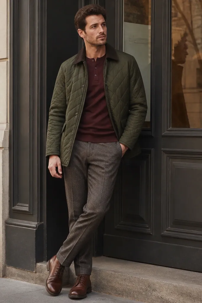A man in a dark olive quilted jacket over a burgundy henley. He’s wearing wool-blend trousers in muted gray and brown leather lace-up shoes. The quilt pattern is visible and the jacket has a structured collar.