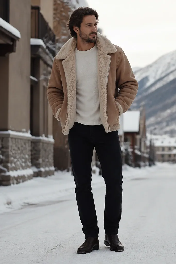 A man wearing a tan faux shearling jacket with a thick, fuzzy collar. Under it, a fitted thermal tee in off-white is visible at the neckline. He’s in black jeans and dark boots, standing in a snowy street scene.