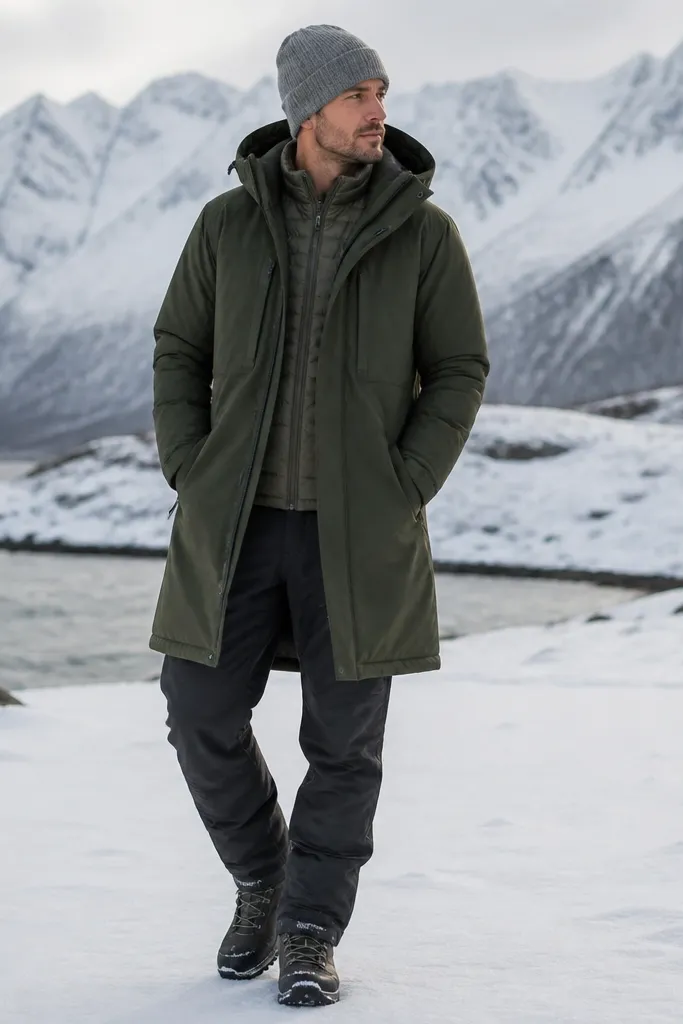 A man wearing a long hooded parka in deep green. He has an insulated vest visible at the center layer and a knit beanie in gray. He’s paired with snow-ready pants and waterproof boots.