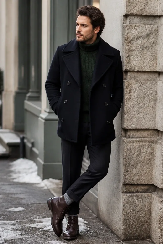 A man wearing a dark peacoat with broad lapels. Under it is a dark green knit turtleneck. The image shows his boots and wool socks peeking above the shoe line on a cold sidewalk.