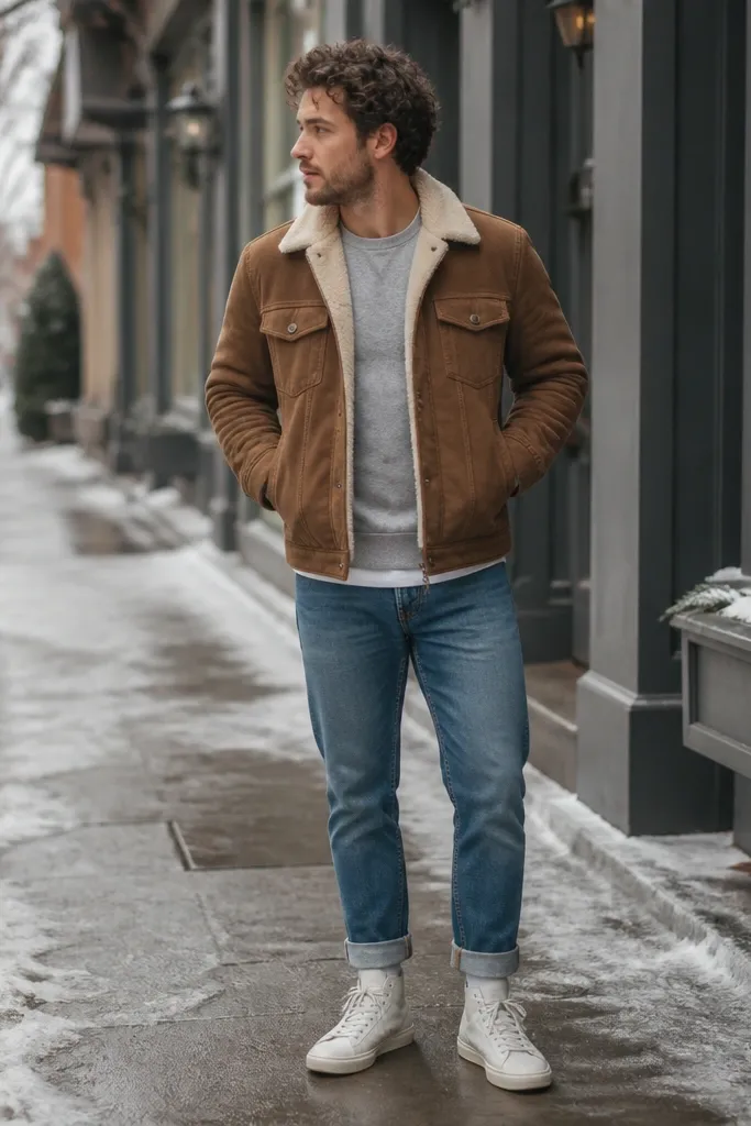 A man wearing a trucker jacket in medium brown with a sherpa lining. He has a gray sweatshirt underneath and cuffed blue jeans showing a bit of ankle. The photo includes a casual winter street vibe.