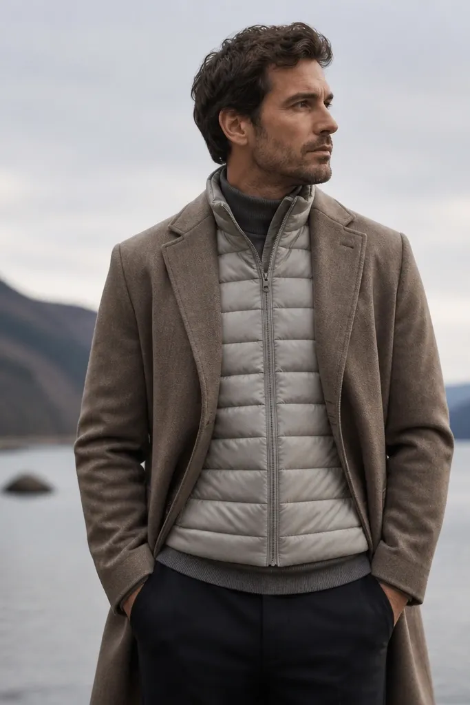 A man layered with a light puffer vest over an insulated long-sleeve top, then topped with a long overcoat. The vest is quilted and visible at the chest, while the overcoat hangs neatly.
