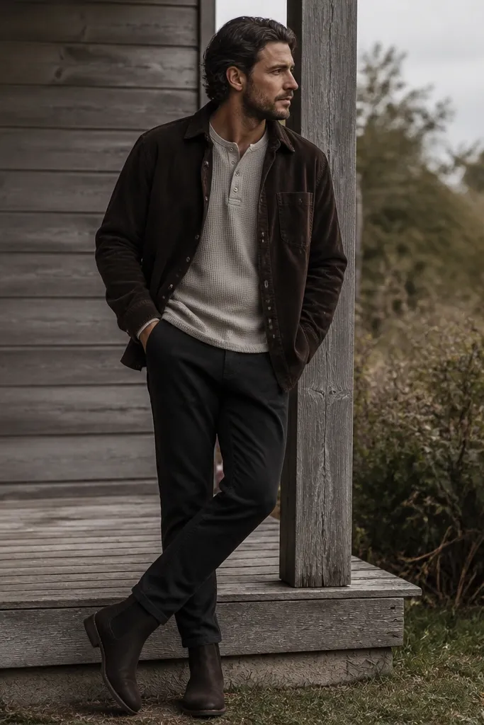 A man wearing a dark brown corduroy overshirt over a thermal henley. He’s in slim dark trousers and Chelsea boots with elastic sides. The outfit looks warm and textured with a fall-to-winter feel.