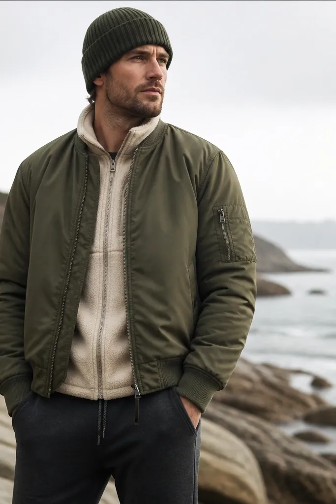 A man wearing a classic bomber jacket in olive over a fleece-lined base layer. He has a knit beanie and dark jogger-style pants. The photo focuses on the layering thickness rather than a heavy outer coat.