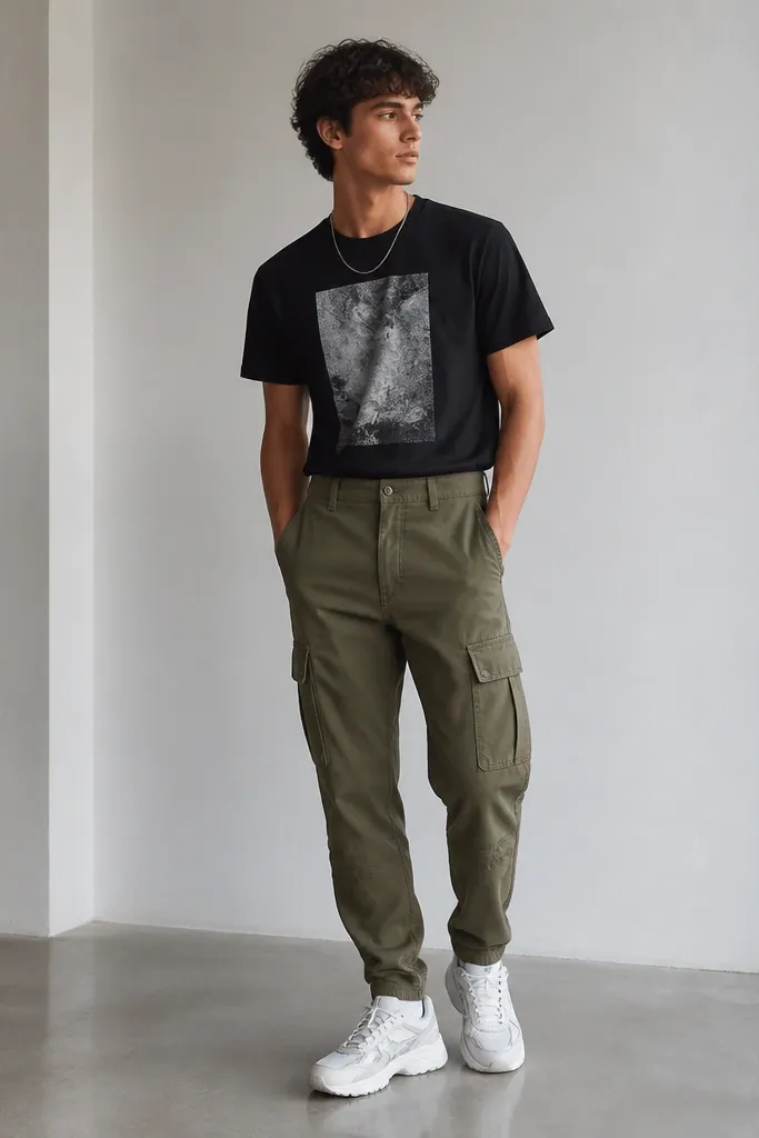 A fitted black graphic tee tucked into olive cargo pants with a slight taper at the ankle; paired with white-and-gray chunky sneakers and a silver chain necklace.