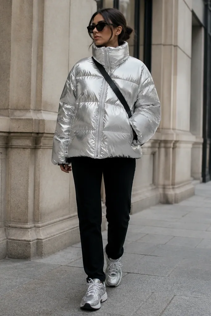 A silver metallic puffer jacket with a high collar over black fitted straight jeans and reflective silver sneakers; styled with black sunglasses and a crossbody strap.