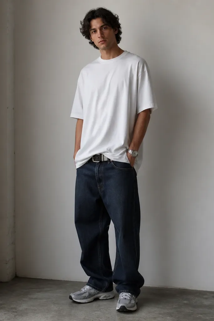 A longline white tee hanging past the hips over low-slung dark blue jeans; a belt is visible, and the outfit is finished with gray sneakers and a wristwatch.