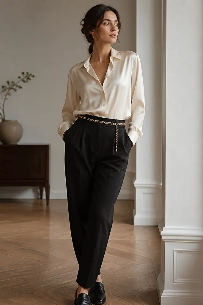 A cream satin button-up with a subtle sheen tucked into black pleated trousers; black loafers and a thin chain belt detail are visible.