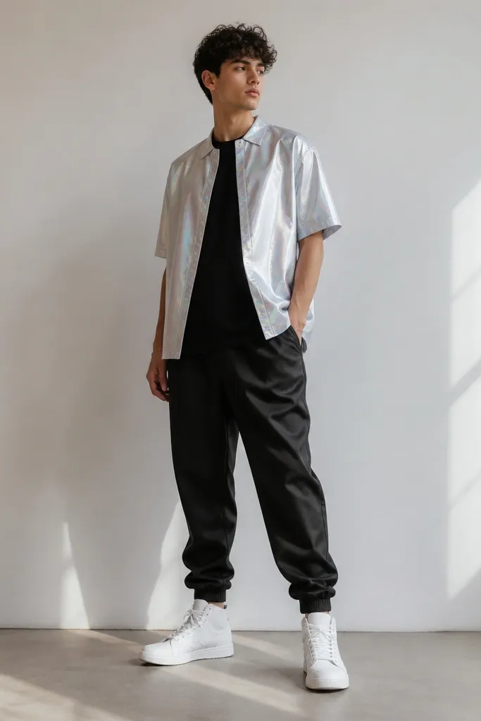 A holographic silver layer tee worn open over a plain black base shirt; paired with black track pants and white high-top sneakers.