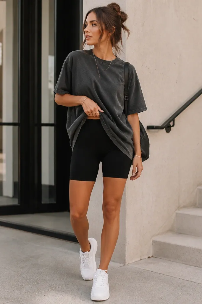 A slightly oversized graphic tee worn over black bike shorts; the hem is lifted slightly in the front, with white sneakers and a small backpack.