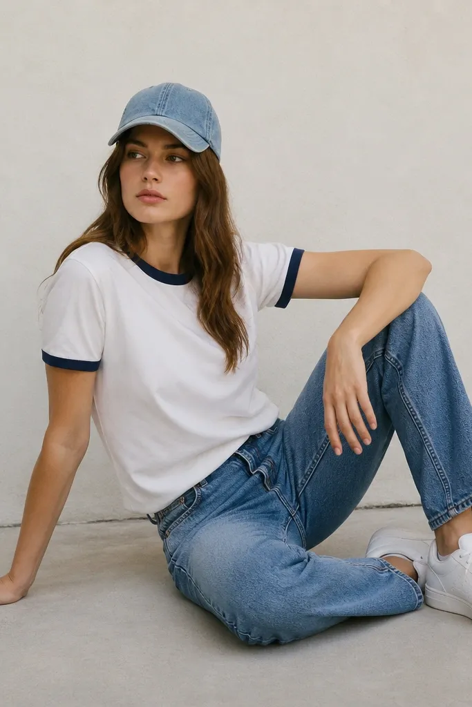 A white ringer tee with contrasting sleeves and collar worn with medium-wash straight jeans; topped with a light denim cap and white sneakers.