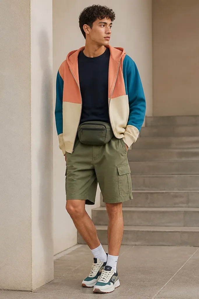 A color-block hoodie with bright paneling layered over a darker tee, paired with olive cargo shorts; finished with chunky sneakers and a waist pack.