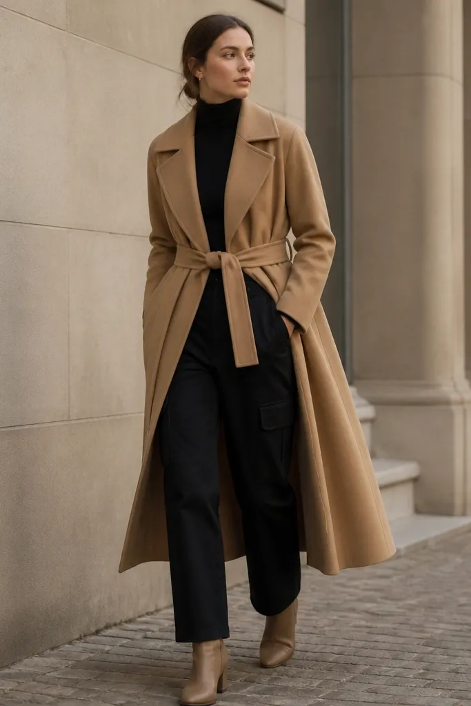 Black cargo pants paired with a camel long trench coat, belt tied at the waist, light tan leather ankle boots, and a black turtleneck underneath. The coat falls straight and slightly flares at the hem.