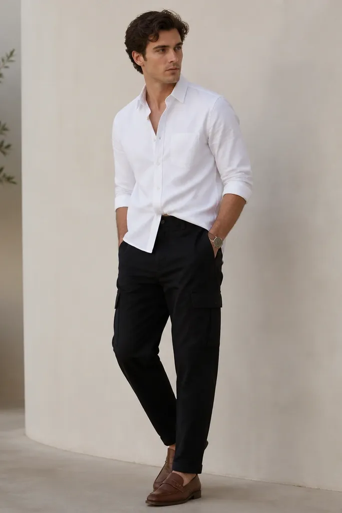 Black cargo pants with a crisp white oxford button-down, sleeves rolled to mid-forearm, shirt partially tucked with a relaxed knot. Brown leather loafers and a simple watch.