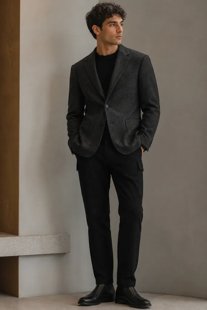 Black cargo pants under a charcoal wool-blend blazer, blazer buttoned, black crewneck knit, and sleek black Chelsea boots. The cargo pockets are mostly covered by the blazer hem.
