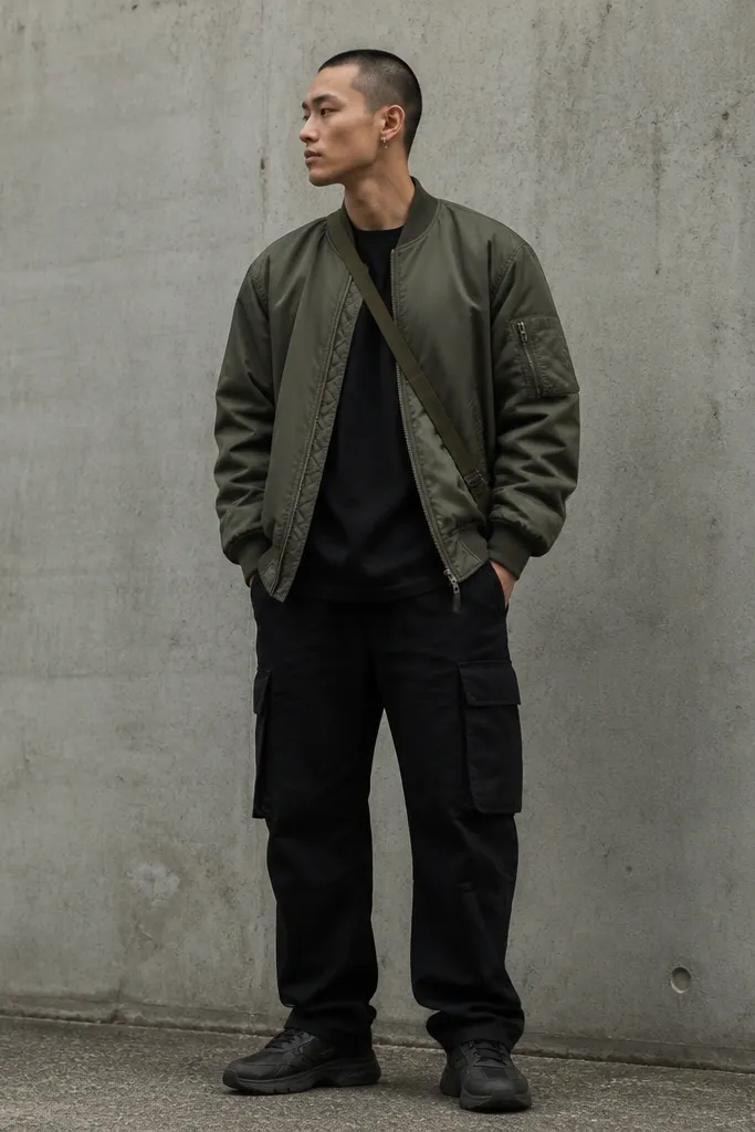 A monochrome-black base with a black cargo pants look, plus an olive bomber jacket worn over a black tee. Olive accents appear only in the jacket and a small crossbody strap, with dark sneakers.