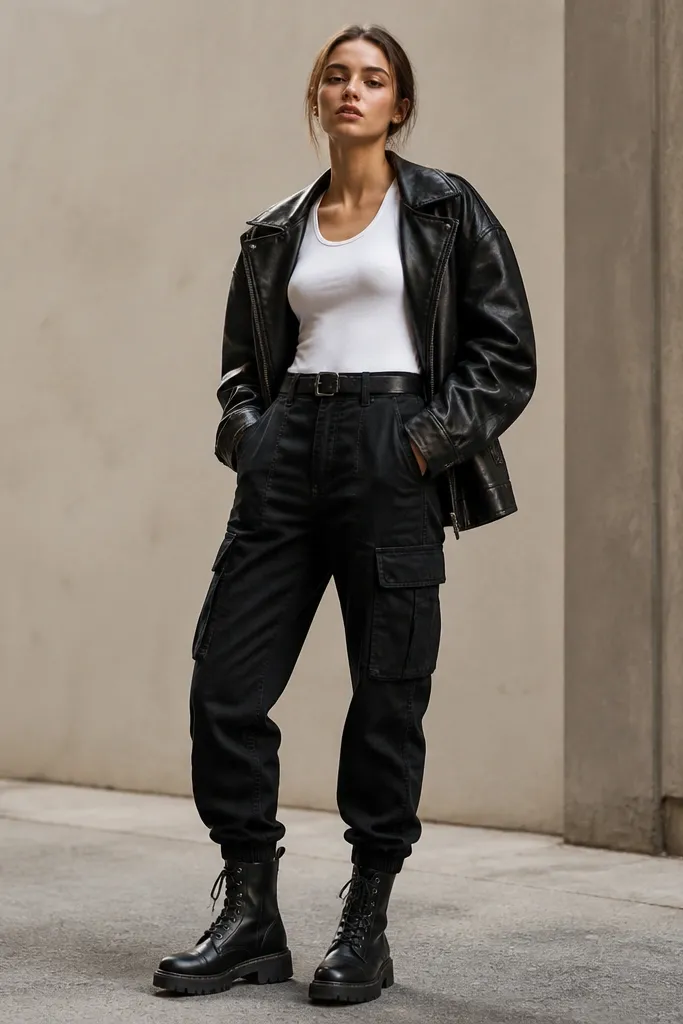 Black cargo pants paired with a fitted white tank top tucked in, an oversized black leather jacket worn open, and black combat boots. The leather has visible texture and creases.