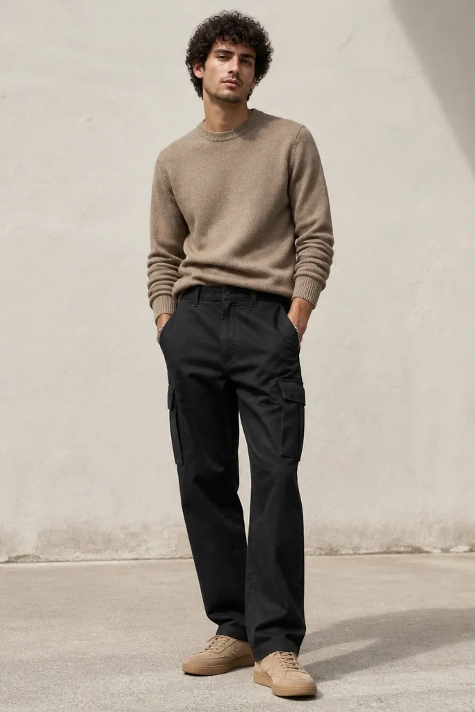 Black cargo pants styled with a sand-colored knit sweater tucked with a slight fold at the waist, plus tan suede sneakers. Minimal accessories, soft daylight, neutral backdrop.