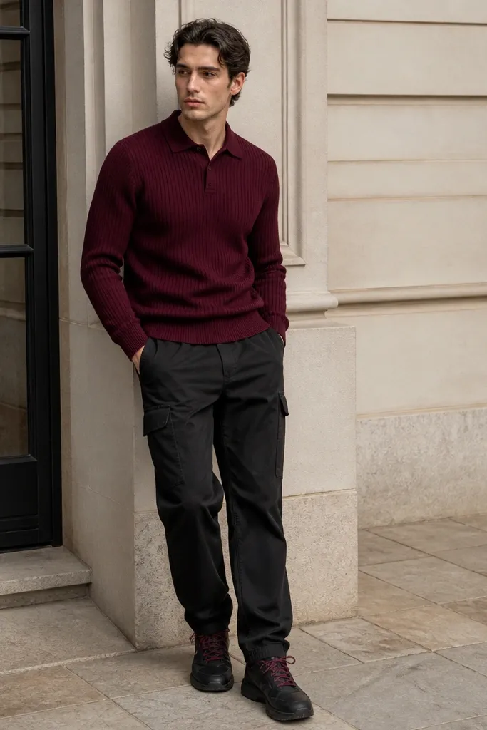 Black cargo pants paired with a burgundy ribbed knit polo shirt, collar neatly down, sleeves to the wrist. Burgundy accents repeat in the laces of dark sneakers.