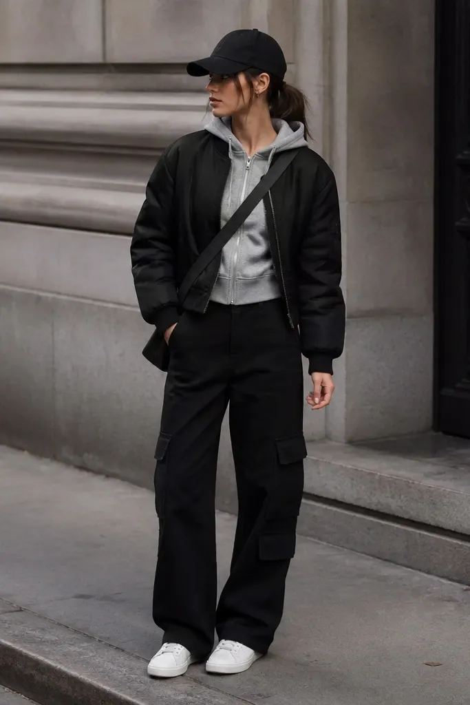 Black cargo pants with a light gray fitted hoodie layered under a cropped black bomber. White sneakers, black cap, and a crossbody bag. The hoodie isn’t oversized and the hem is tidy.
