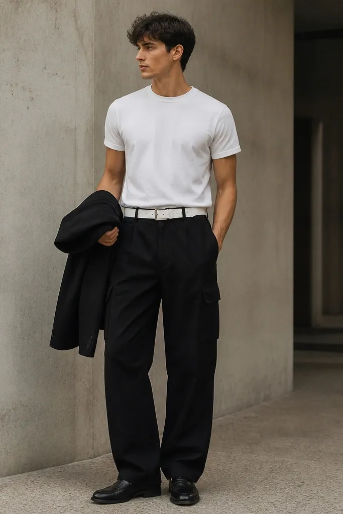 Black cargo pants with a white leather belt, tucked white tee, and minimalist black loafers. A structured blazer is draped over the arm, and the look is monochrome with one bright belt.