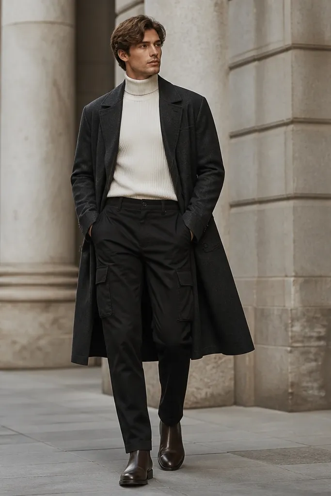 Black cargo pants with an ivory ribbed turtleneck tucked neatly, paired with espresso brown leather boots. A long coat in black or dark gray falls past the hips.
