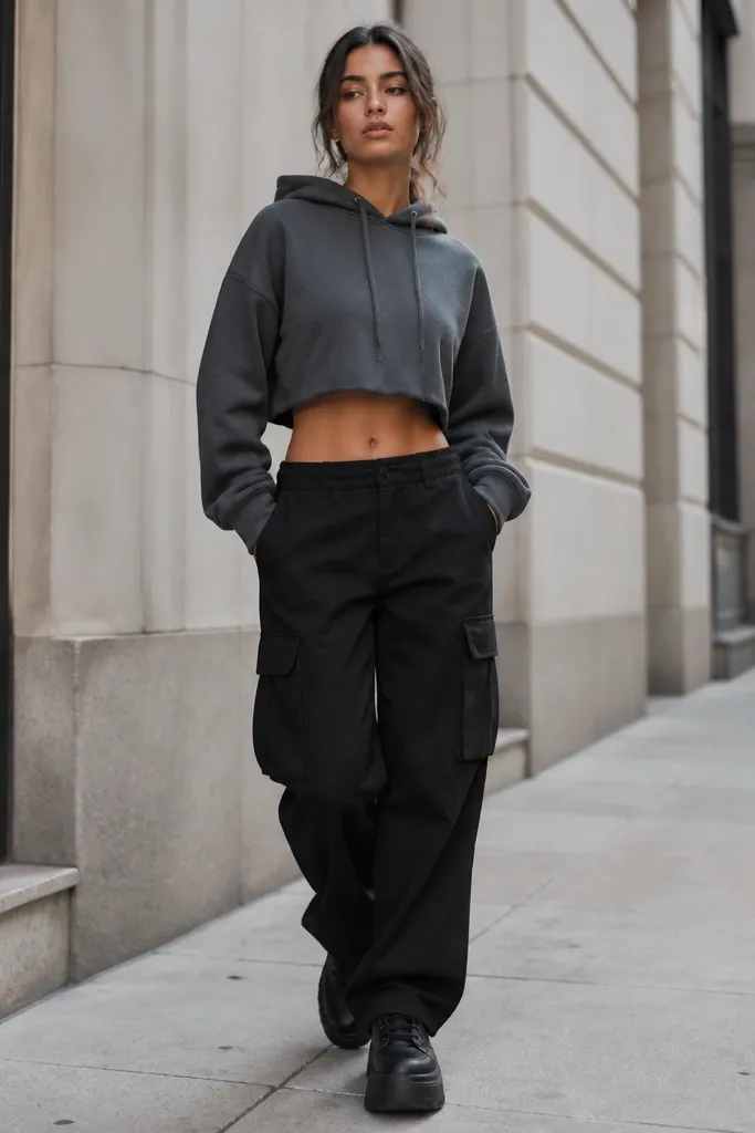 Black cargo pants styled with a cropped charcoal hoodie and chunky platform sneakers. The image shows the hoodie hem sitting above the cargo waistband, with the pockets visible; background is a city sidewalk.
