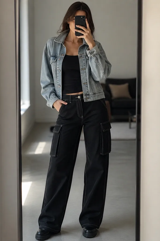 Black cargo pants paired with a light-wash denim jacket and a black fitted top. The denim has visible contrast stitching; the outfit is shown in a mirror photo with pockets and seams clearly visible.